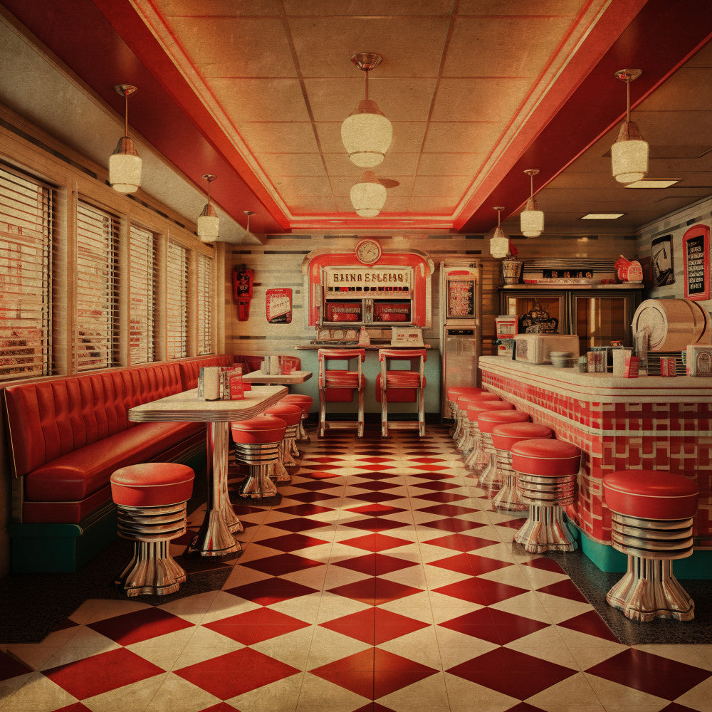 retro diner, 1950s, red and white, cream, chrome, vintage, checkered, diamond pattern, geometric, mid-century modern, nostalgic, americana, classic diner, booth seating, neon signs, atomic age, retro kitchen, candy stripes, metallic accents, urban, architectural, interior design, cream and red, bold colors, kitschy, fifties style, diner aesthetic, decorative panel