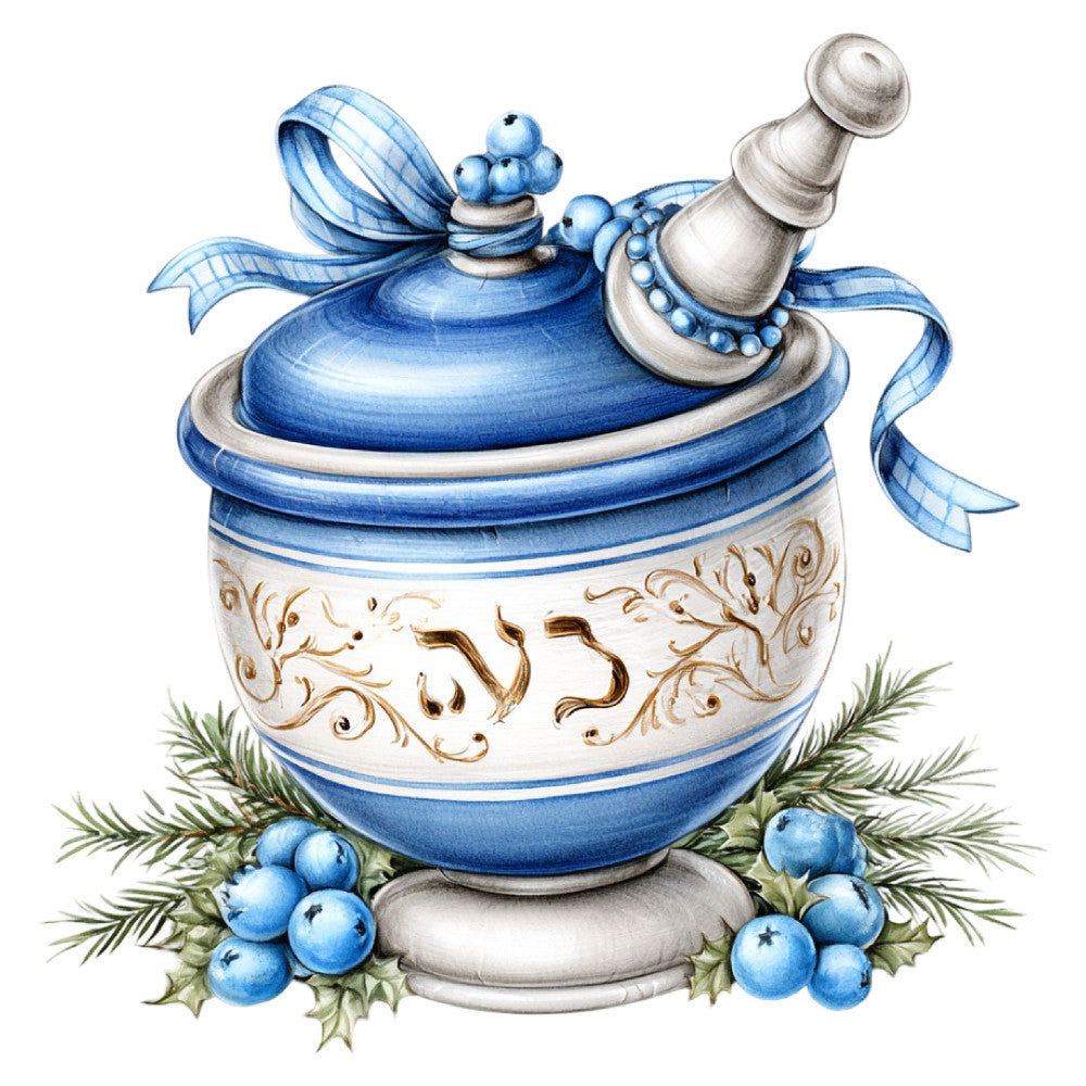 blue and white, royal blue, silver grey, gold accents, ornamental, baroque, scrollwork, holiday, christmas, winter, festive, vintage, elegant, whimsical, decorative jar, berries, evergreen, juniper berries, pine branches, ribbon bow, stoneware, ceramic style, traditional, ornate, nostalgic, seasonal decor, table runner, wall hanging, home décor
