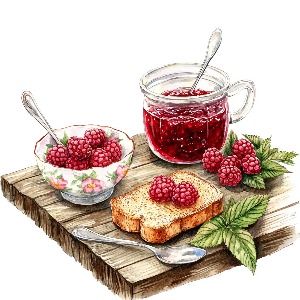 raspberry tea, wooden cutting board, glass mug, floral bowl, toast bread, red berries, green leaves, watercolor style, kitchen scene, breakfast setting, crimson red, amber brown, sage green, cream white, rustic wood, fabric panel, quilting cotton, food illustration, cozy atmosphere, fresh fruit