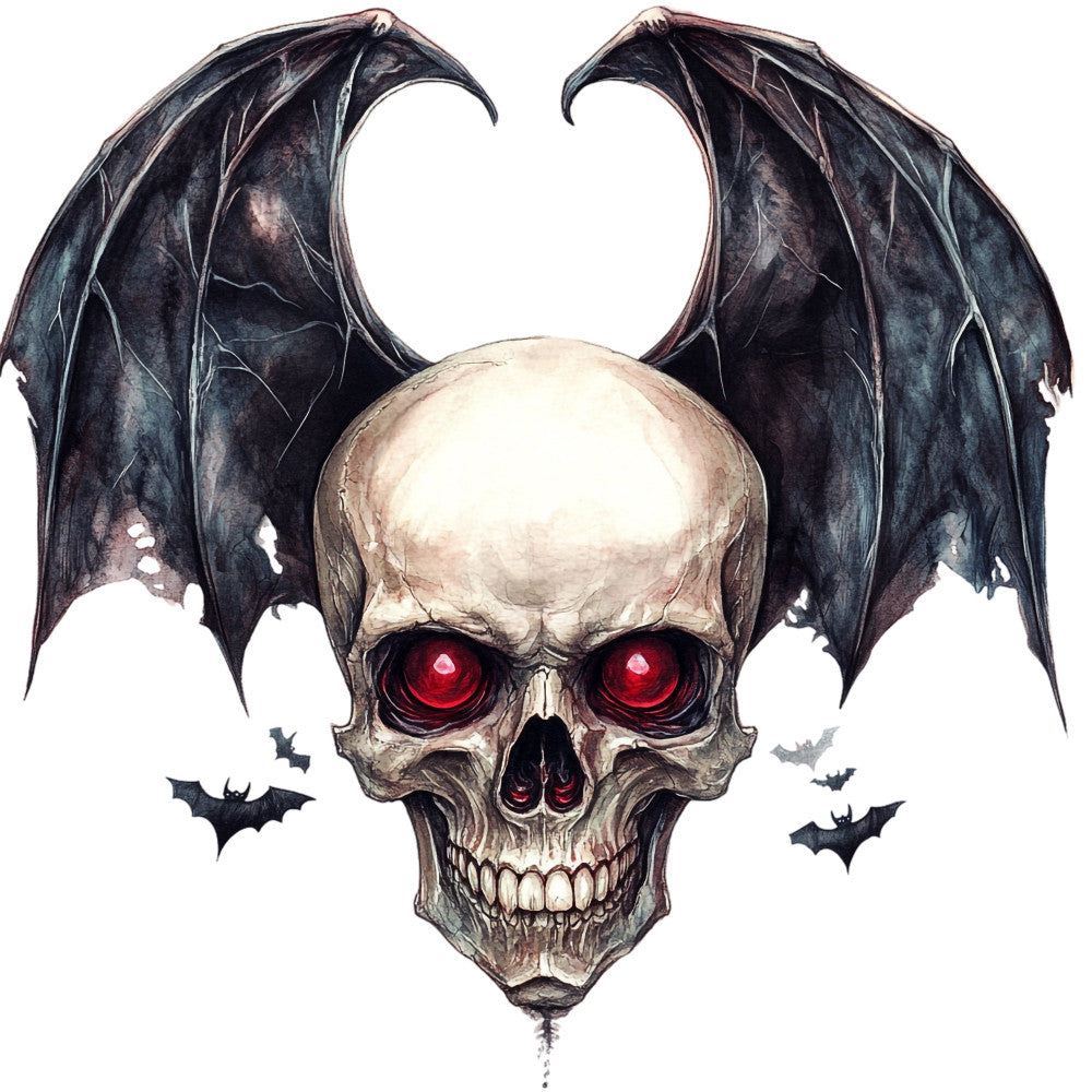 skull with wings, gothic, dark fantasy, halloween, bat motif, red glowing eyes, demon wings, bone white, charcoal black, dark purple, spooky, horror, macabre, dark art, supernatural, evil, skeletal, winged creature, flying bats, creepy, goth style, dark aesthetic, alternative, edgy, metal band, halloween decor, wall hanging, dark apparel, sinister