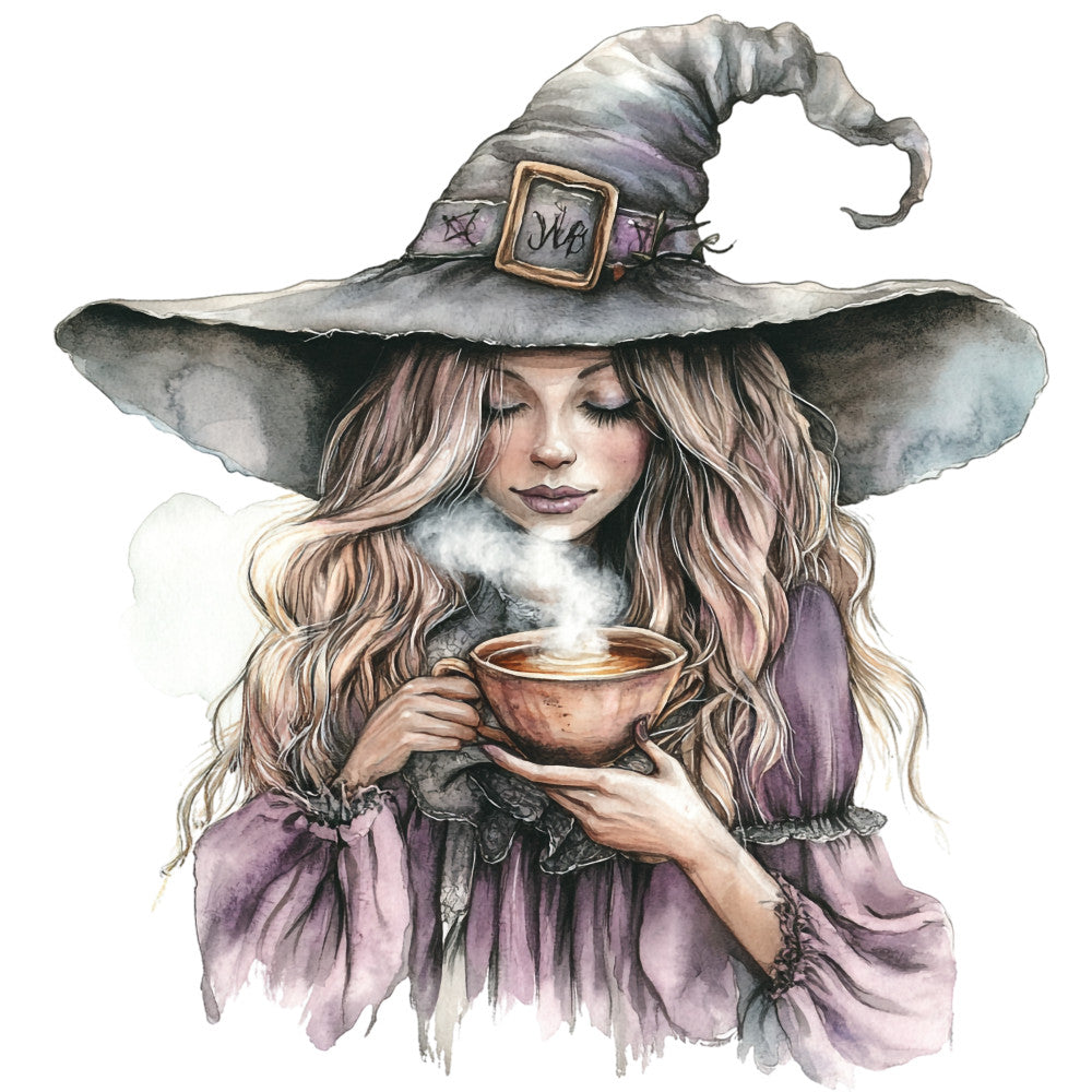 watercolor witch, purple robes, gray hat, blonde hair, steaming cup, magical theme, halloween, autumn, mystical character, fabric panel, quilting cotton, whimsical art, soft pastels, ethereal mood, witchy aesthetic, seasonal crafting, fantasy illustration, cozy witch, hand-painted style