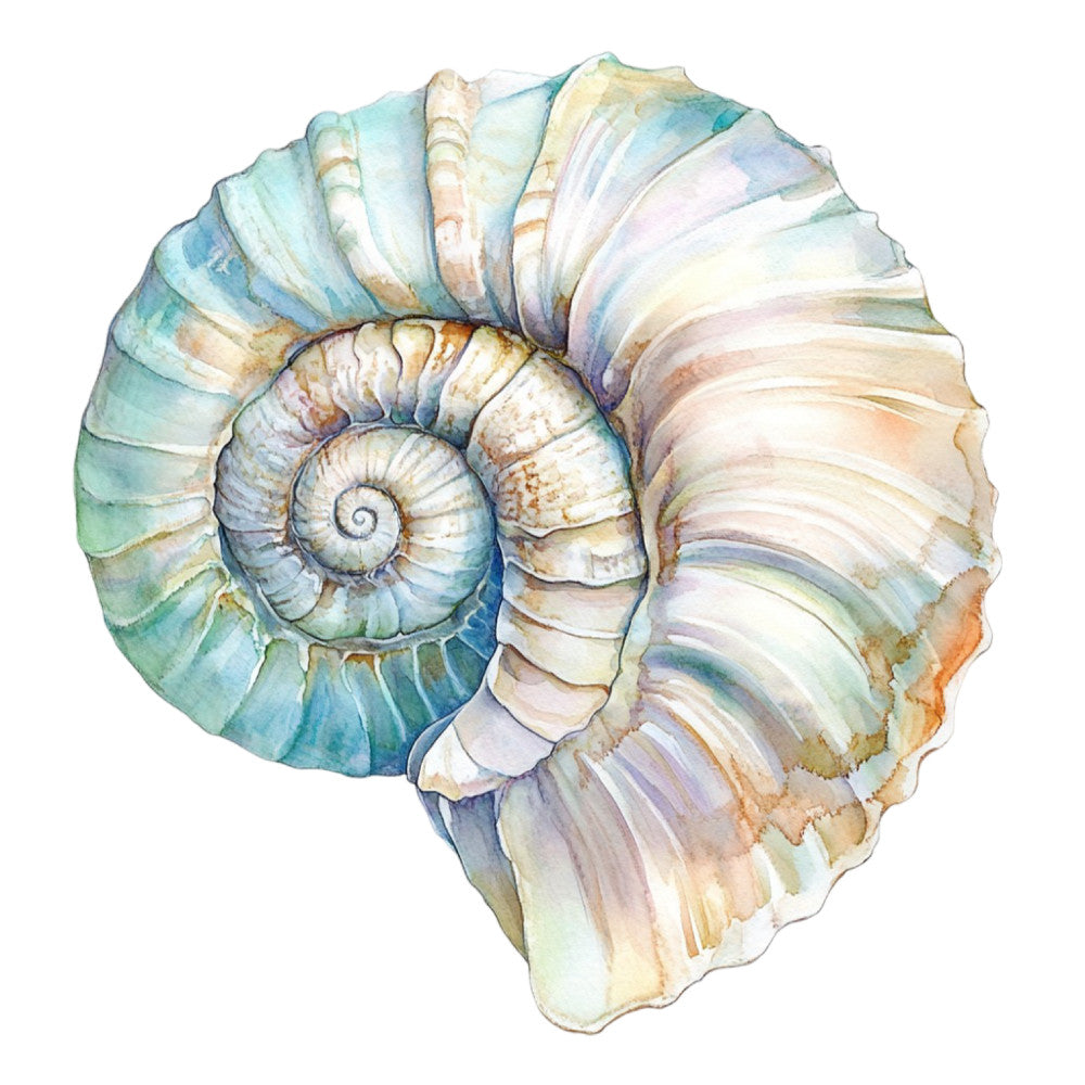 Watercolor Sea Shells Fabric Panel 17 featuring a detailed spiral seashell painted in soft pastel shades on premium cotton fabric.