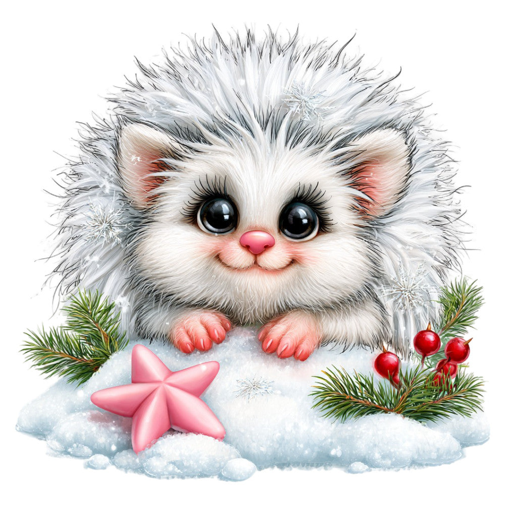 white fluffy cat, gray and white, coral pink, black eyes, pink nose, pink paws, cute animal, whimsical, fantasy creature, holiday, christmas, winter, snow, evergreen branches, red berries, pink starfish, festive, playful, children's, baby, nursery, magical, enchanted, seasonal, winter wonderland, snow scene, decorative panel, wall art, novelty print, character design
