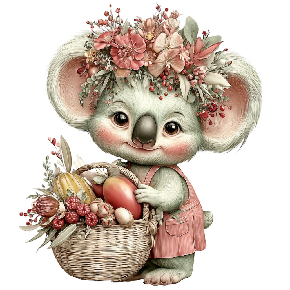 cute koala, floral crown, whimsical animals, pastel pink, cream white, dusty rose, coral pink, sage green, woodland creatures, nature inspired, baby quilt, nursery decor, spring flowers, berry motifs, romantic style, cottage core, illustrated animals, sweet and gentle, Easter theme, gift basket, decorative panel, children's fabric, soft pastels, botanical elements, character design, storybook illustration, feminine style, wall hanging, baby nursery, springtime theme
