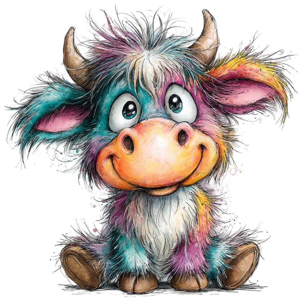 whimsical, colorful, multi-colored, turquoise, magenta, yellow, coral, orange, teal, purple, playful, cute, animal, cow, bull, highland cattle, children's, kids, nursery, baby, folk art, painted, watercolor, splatter, artistic, modern, vibrant, fun, character panel, wall hanging