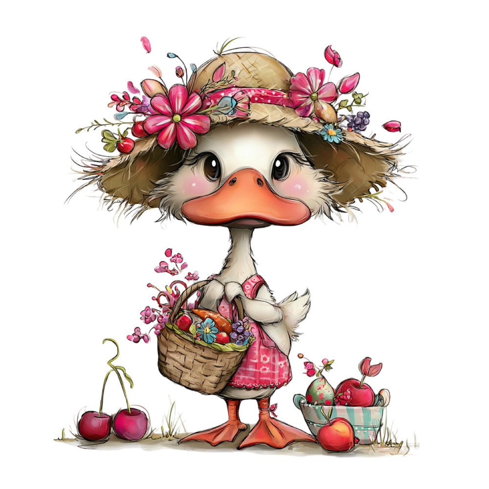 whimsical duck, coral pink, cream, tan, sage green, floral, animals, farmhouse, spring, summer, cute, charming, children's, baby, pastoral, nature, flowers, baskets, fruits, cherries, apples, straw hat, feminine, playful, cottage core, garden, sweet, Easter, vintage inspired, folk art