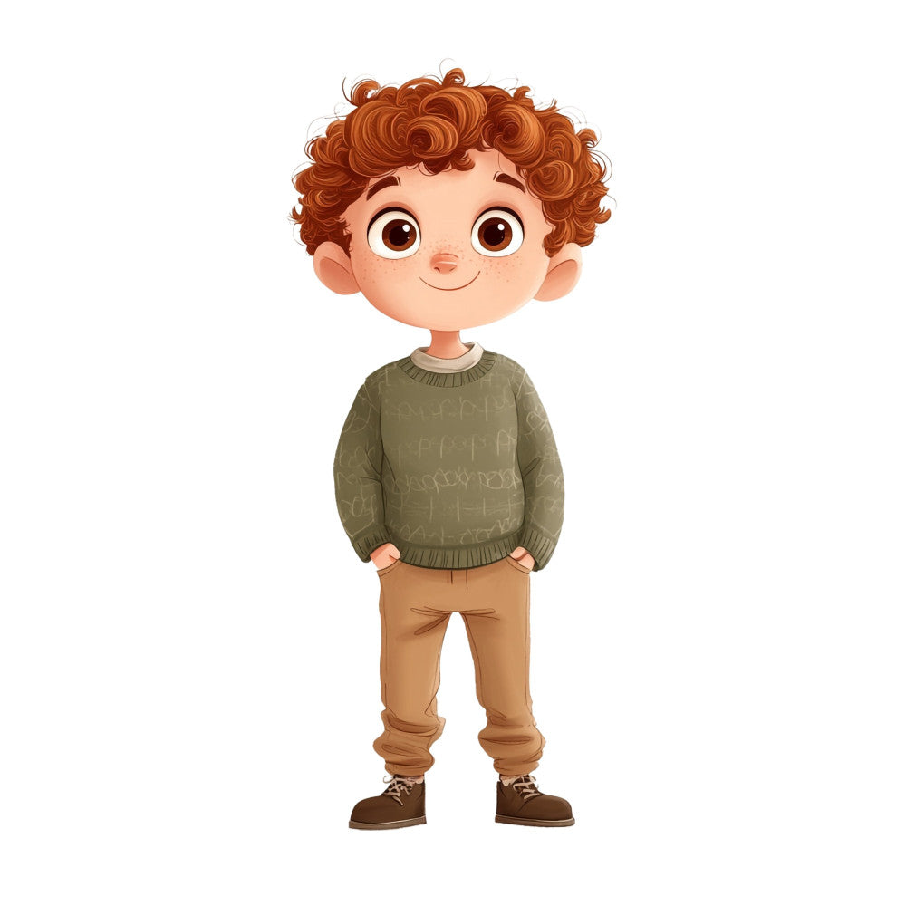 boy character, curly brown hair, cartoon boy, children's fabric, cute illustration, khaki tan, olive green, child-themed, playful, whimsical, character panel, boy motif, neutral tones, earth tones, kids design, illustrated character, friendly expression, casual clothing, brown hair boy, young character, textile print, character fabric, decorative panel, children's clothing fabric, adventure theme, playful character, simple illustration, warm colors, boy portrait, charming design