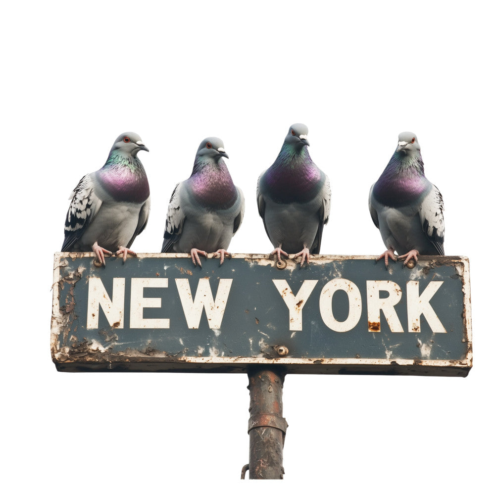 new york, pigeons, birds, urban, cityscape, vintage sign, rustic, iridescent, pink breast, metallic green, gray, white, charcoal, nostalgic, americana, city life, wildlife, nature, street scene, distressed, weathered, signage, novelty, decorative, wall art, home decor, retro, classic, east coast