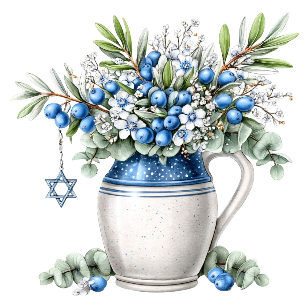 blueberries, white flowers, sage green, navy blue, botanical, floral, nature, star of david, jewish, elegant, vintage, traditional, berry motifs, leaf patterns, eucalyptus, delicate florals, spring, summer, rustic, cottage core, pastoral, cream, speckled ceramic, pitcher, blue and white, heritage, timeless, garden themed