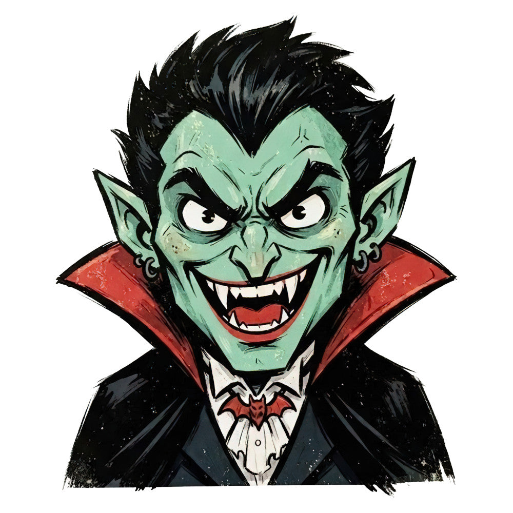 vampire, halloween, mint green, pale green, black, red, gothic, spooky, scary, horror, fangs, evil, villain, monster, undead, dracula, cape, formal wear, character, comic style, vintage halloween, whimsical dark, illustration, novelty, festive, autumn, seasonal, costume, supernatural, creepy