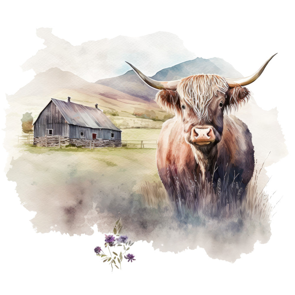 Watercolor Highland Cows Fabric Panel 7 featuring a detailed cow with mountain and barn backdrop printed on 100% premium quilting cotton.