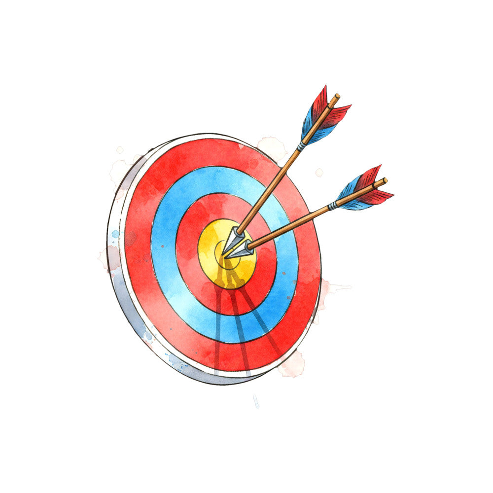 archery, arrows, bullseye, target, red, blue, yellow, gold, sports, games, competition, vintage, retro, whimsical, fun, playful, geometric, circular, concentric circles, feathered arrows, traditional games, leisure, entertainment, skill-based, illustration, hand-drawn, decorative panel