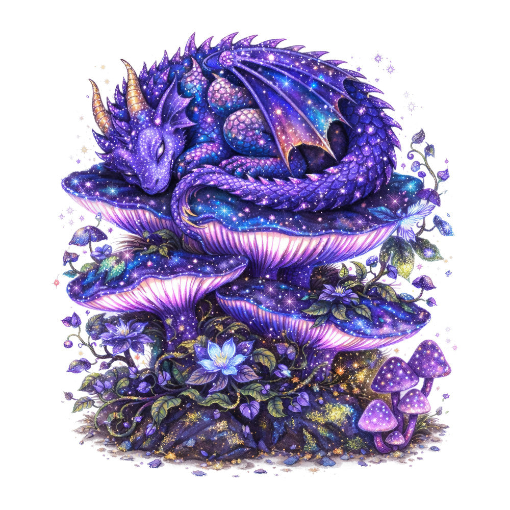 cosmic dragon, deep purple, midnight blue, galaxy, stars, celestial, magical, mushrooms, whimsical, fantasy, mystical, glowing, bioluminescent, enchanted forest, nature, dark academia, gothic, ethereal, dreamy, iridescent, sparkly, flowers, floral, botanical, moon, space, supernatural, dark fantasy, lavender, violet