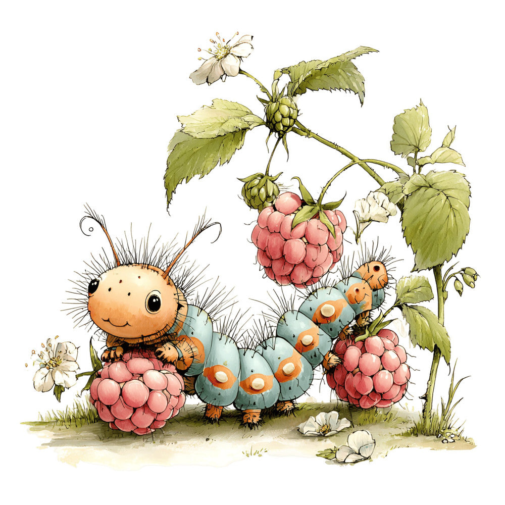 whimsical, caterpillar, raspberries, insects, nature, garden, children's, storybook, illustration, cute animals, spring, summer, coral pink, sage green, cream, orange, soft colors, woodland, fantasy, playful, charming, berries, flowers, leaves, kid-friendly, nursey, bedtime story, botanical, detailed illustration