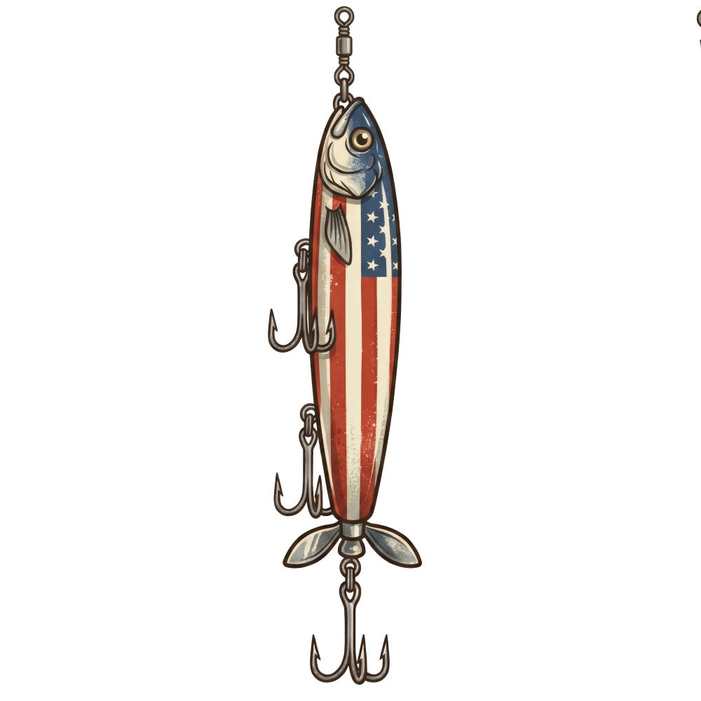 fishing lure, vintage fishing, patriotic, american flag, red white and blue, nautical, fishing theme, retro, americana, classic fishing, decorative lure, fish motif, traditional, nostalgic, summer, outdoor themed, rustic, metal accents, antique style, collectible, heritage design, americana quilting, red stripe, navy blue, cream, fishing sport, vintage americana, timeless style, wall hanging, novelty print