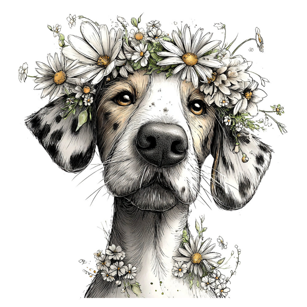 dog portrait, white and black dog, spaniel, floral crown, daisy flowers, botanical illustration, nature theme, animal lover, pet portrait, whimsical style, ink drawing, golden yellow centers, cream white, black and tan, spring flowers, summer blooms, gentle eyes, sweet expression, feminine style, decorative art, wall hanging, pet themed, wildflowers, delicate florals, charming design, children's fabric, vintage botanical, natural colors, sketch style