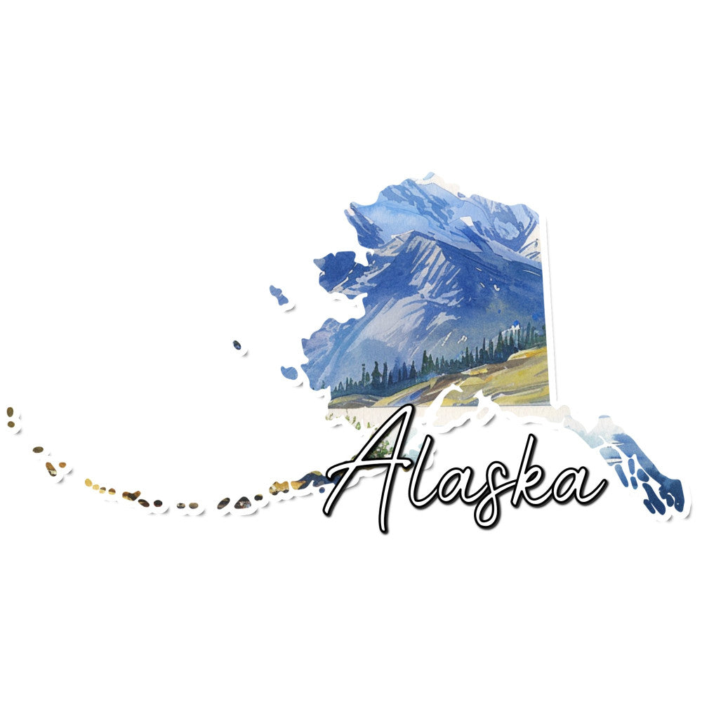alaska, mountain landscape, snow-capped peaks, scenic, nature, blue, white, cream, gold, tan, geographical, travel, state map, evergreen trees, alpine, scenic vista, rustic, adventure, wanderlust, americana, northwest, decorative panel, wall art, home decor, regional, destination, landscape art, sky blue, charcoal blue