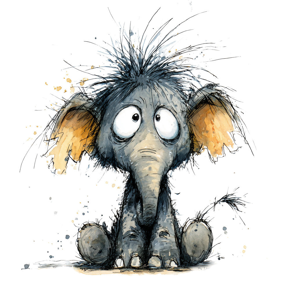 charcoal gray, golden yellow, cream, whimsical, elephant, cute animals, children's, nursery, baby, playful, ink sketch, watercolor, expressive eyes, endearing, quirky, modern, contemporary, animal illustration, decorative panel, wall art, bedding, apparel, emotional character, artistic, storybook style, character design, mixed media aesthetic