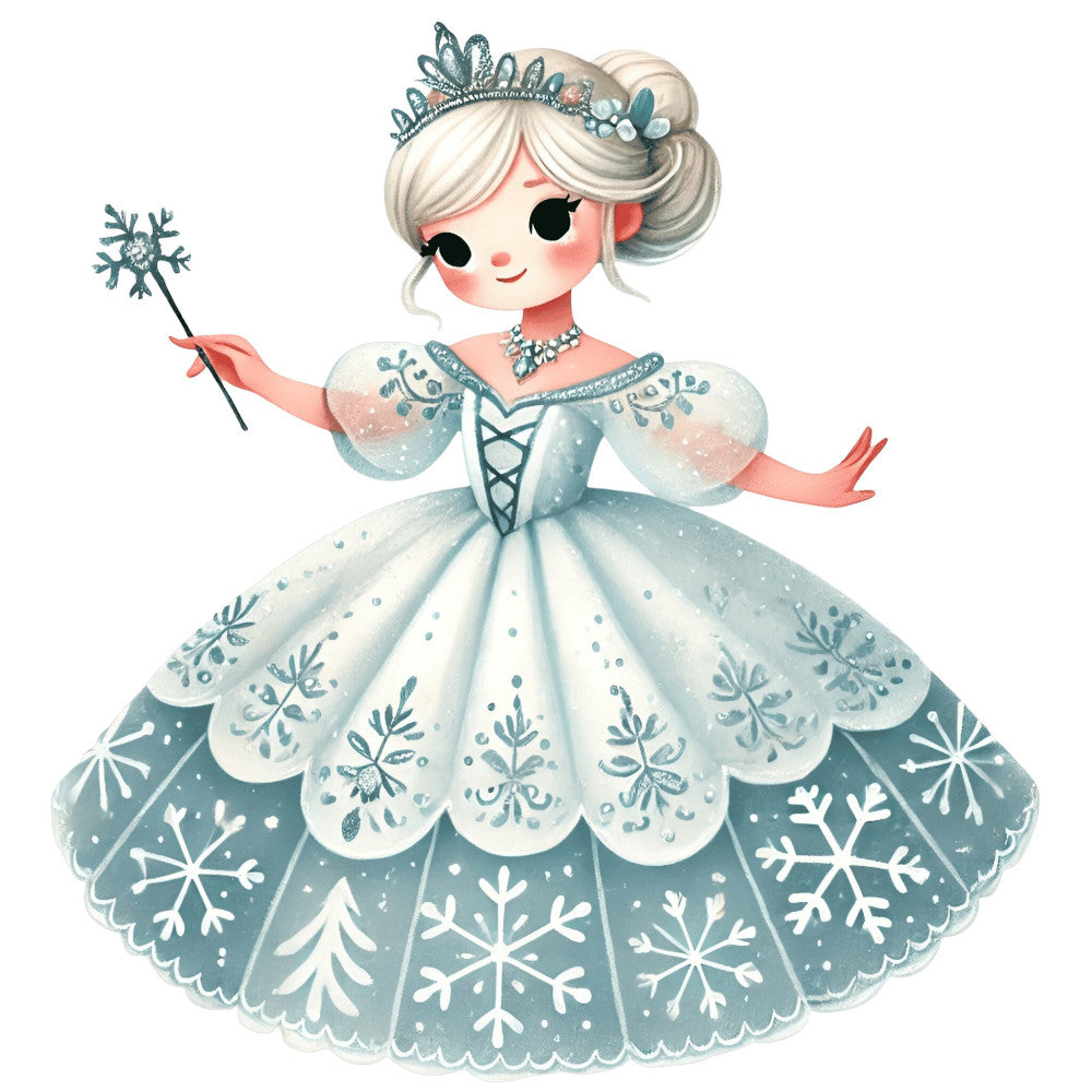 winter princess, ice queen, snowflake, frozen, teal blue, cream, coral pink, pearl white, tiara, elegant, whimsical, magical, fairy tale, holiday, winter, snow, celestial, enchanted, ball gown, sparkle, frosted, icy blue, delicate, ornate, fantasy character, storybook, children's, girl's, decorative, jeweled
