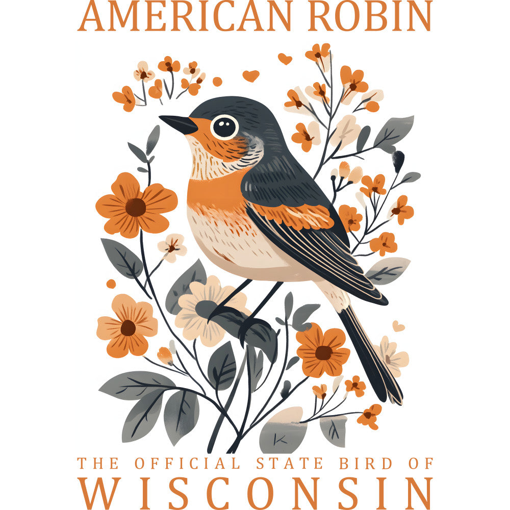 orange, rust, cream, gray, charcoal, american robin, state bird, wisconsin, floral motifs, botanical elements, bird illustration, fabric panel, quilting cotton, spring flowers, nature design, folk art style, decorative branches, leaves, wildlife theme, craft project