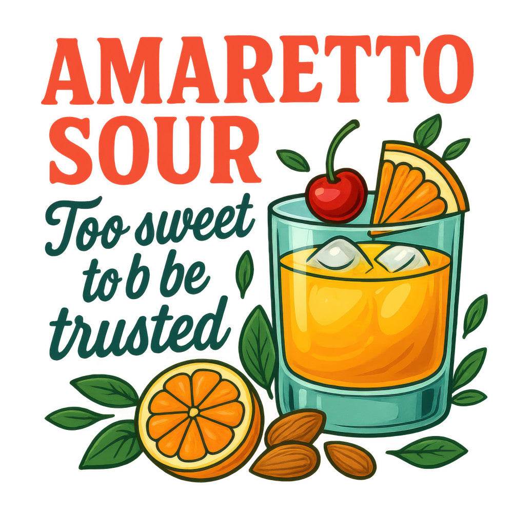 orange, red, green, teal, yellow, cocktail glass, cherry, orange slice, almonds, leaves, amaretto sour, mixed drinks, beverage themed, fabric panel, quilting cotton, bar theme, citrus fruits, ice cubes, drink recipe, botanical elements, vintage illustration style