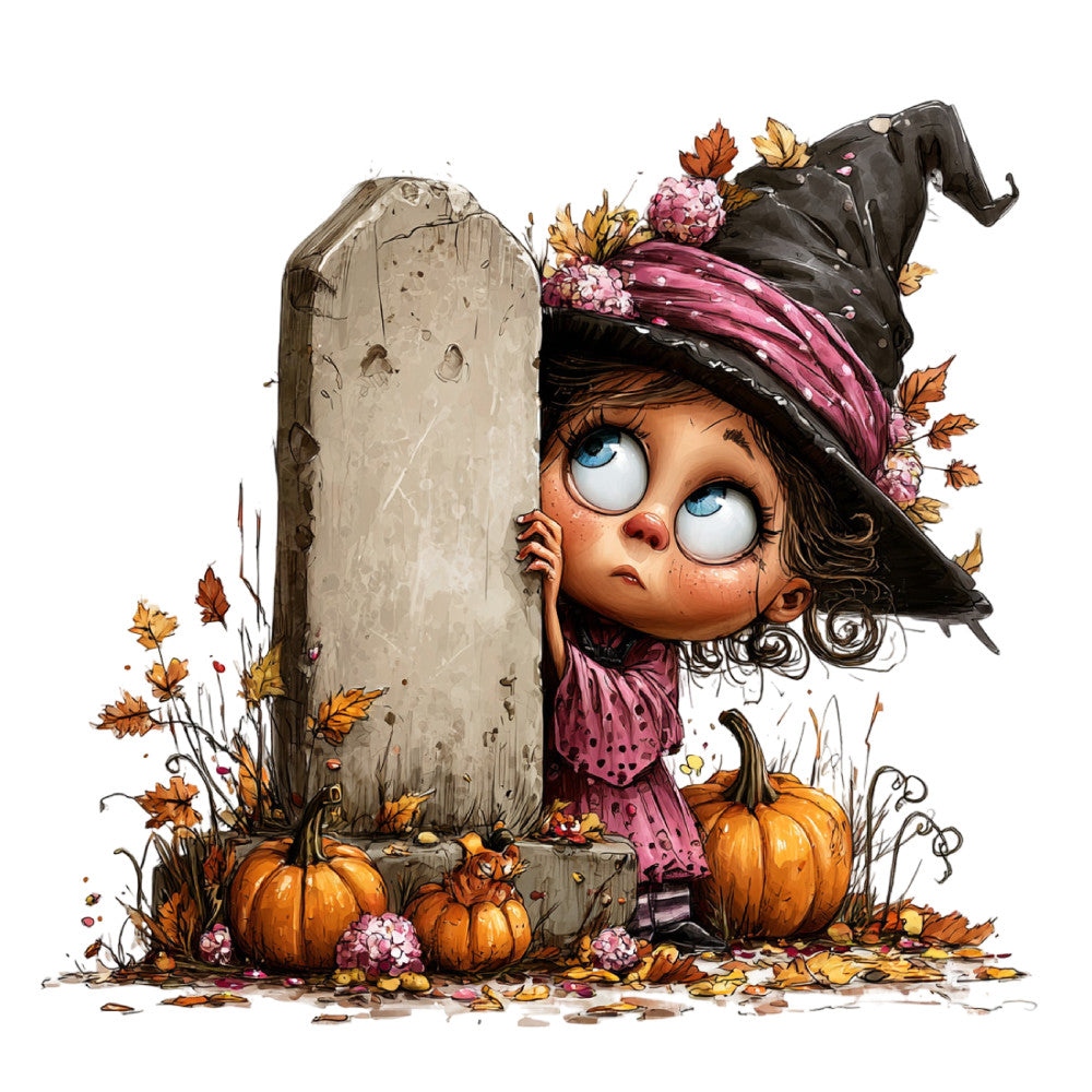 autumn, fall, halloween, witch, whimsical, pumpkins, pinkish purple, mauve, burnt orange, cream, black, dark brown, seasonal, nature, leaves, flowers, floral, pansies, dried flowers, rustic, vintage, cottage core, harvest, decorative, home decor, wall art, children's fabric, storybook, magical, enchanted