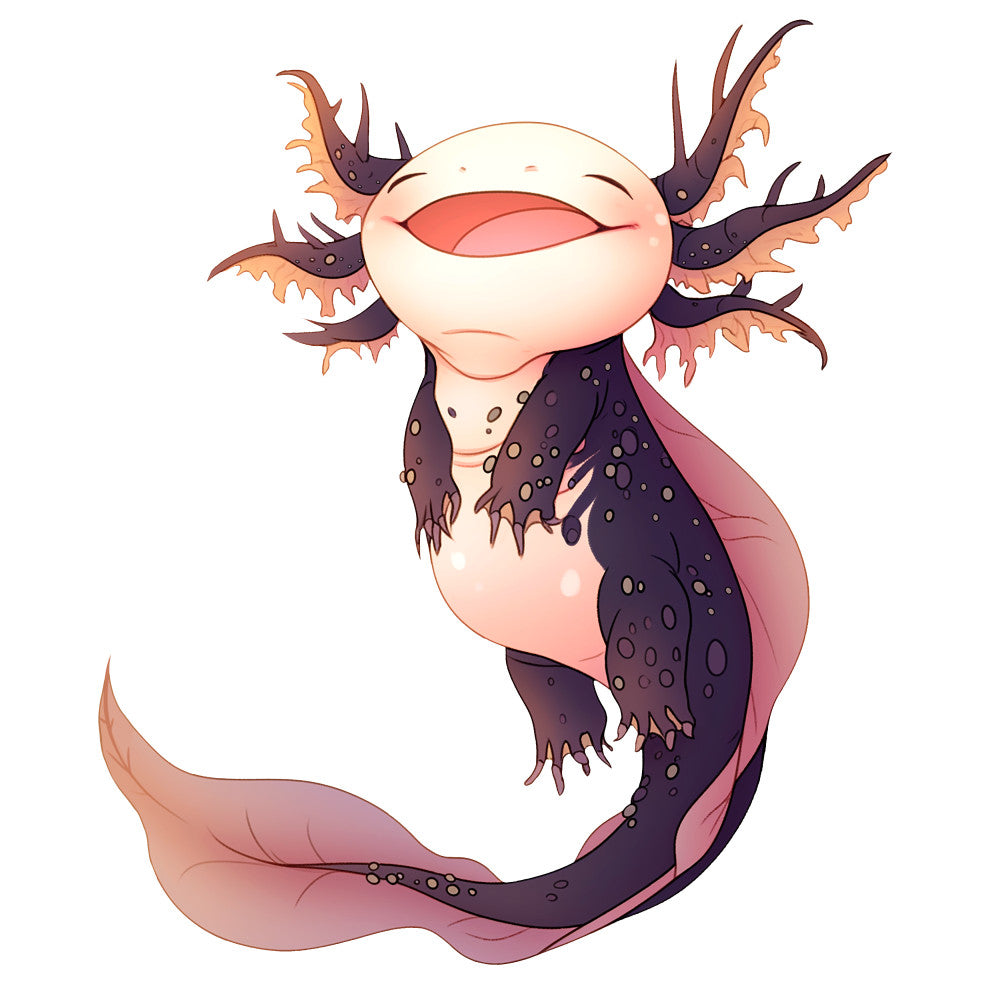 cartoon axolotl, pink salamander, cute amphibian, kawaii style, soft pastels, cream background, purple spots, coral gills, smiling character, whimsical design, fabric panel, quilting cotton, nursery theme, aquatic animal, adorable creature, anime inspired, gentle expression, children's fabric, craft material, sewing panel