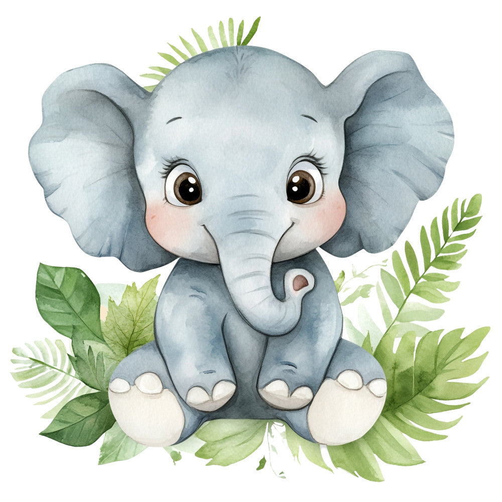 baby elephant, soft gray, sage green, light blue, pale green, whimsical, nature, animals, jungle, tropical, nursery, baby shower, children, cute, playful, botanical, leaves, foliage, ferns, palm fronds, baby quilt, wall hanging, gender neutral, gentle, sweet, soft, watercolor, illustration, woodland, safari
