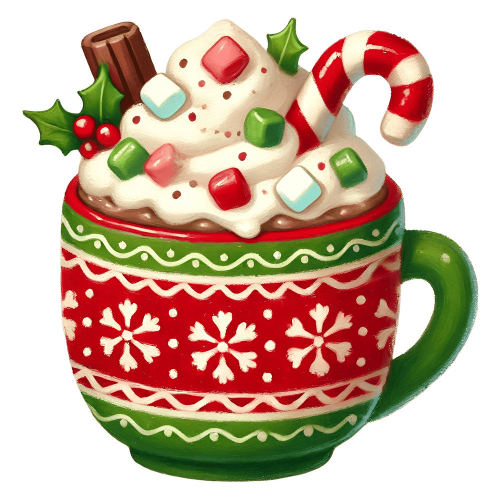 christmas, holiday, winter, festive, hot chocolate, whimsical, candy cane, gingerbread, red, forest green, cream, white, cute, playful, cocoa mug, decorated mug, snowflake, holly, berries, candy decoration, peppermint, charming, cheerful, dessert themed, beverage themed, traditional holiday, festive decoration, mug design, whimsy, vintage holiday