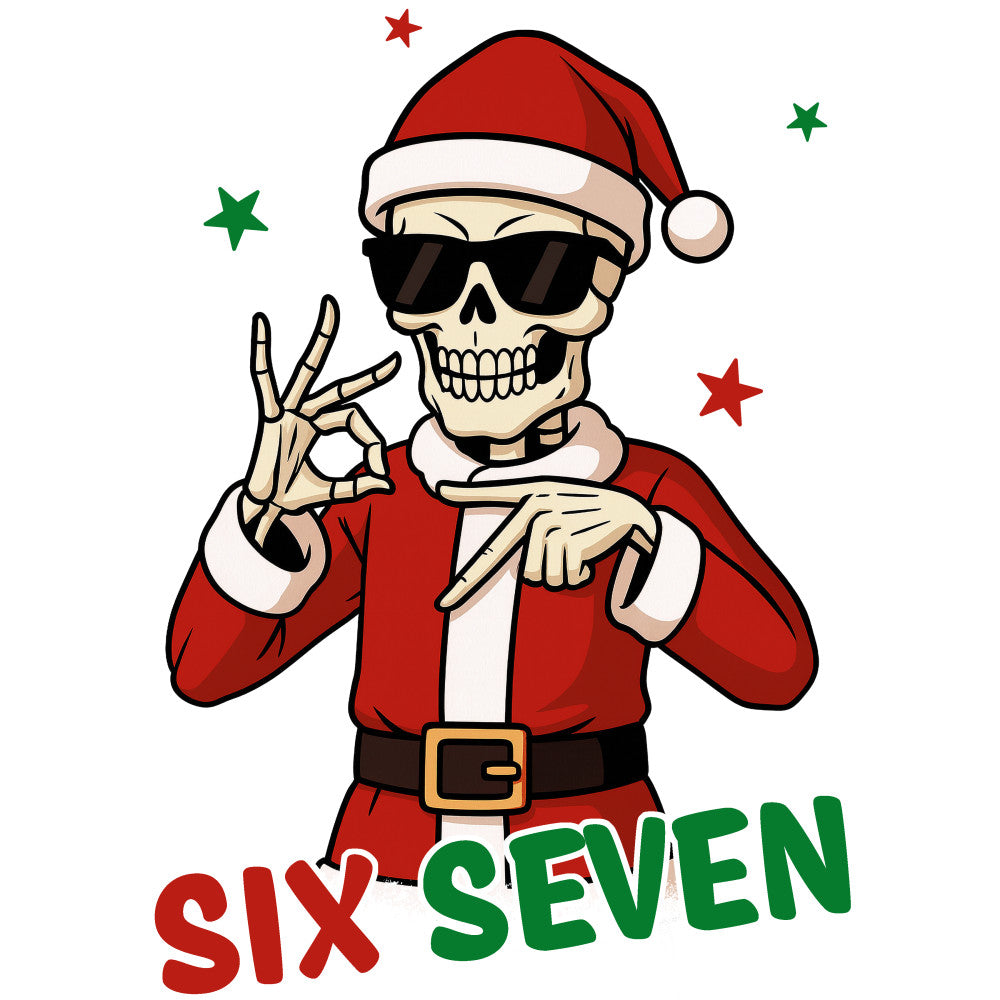 skeleton, skull, santa hat, christmas, red, green, white, black, sunglasses, belt, stars, holiday, festive, fabric panel, quilting cotton, cartoon style, playful, winter, seasonal, gothic christmas