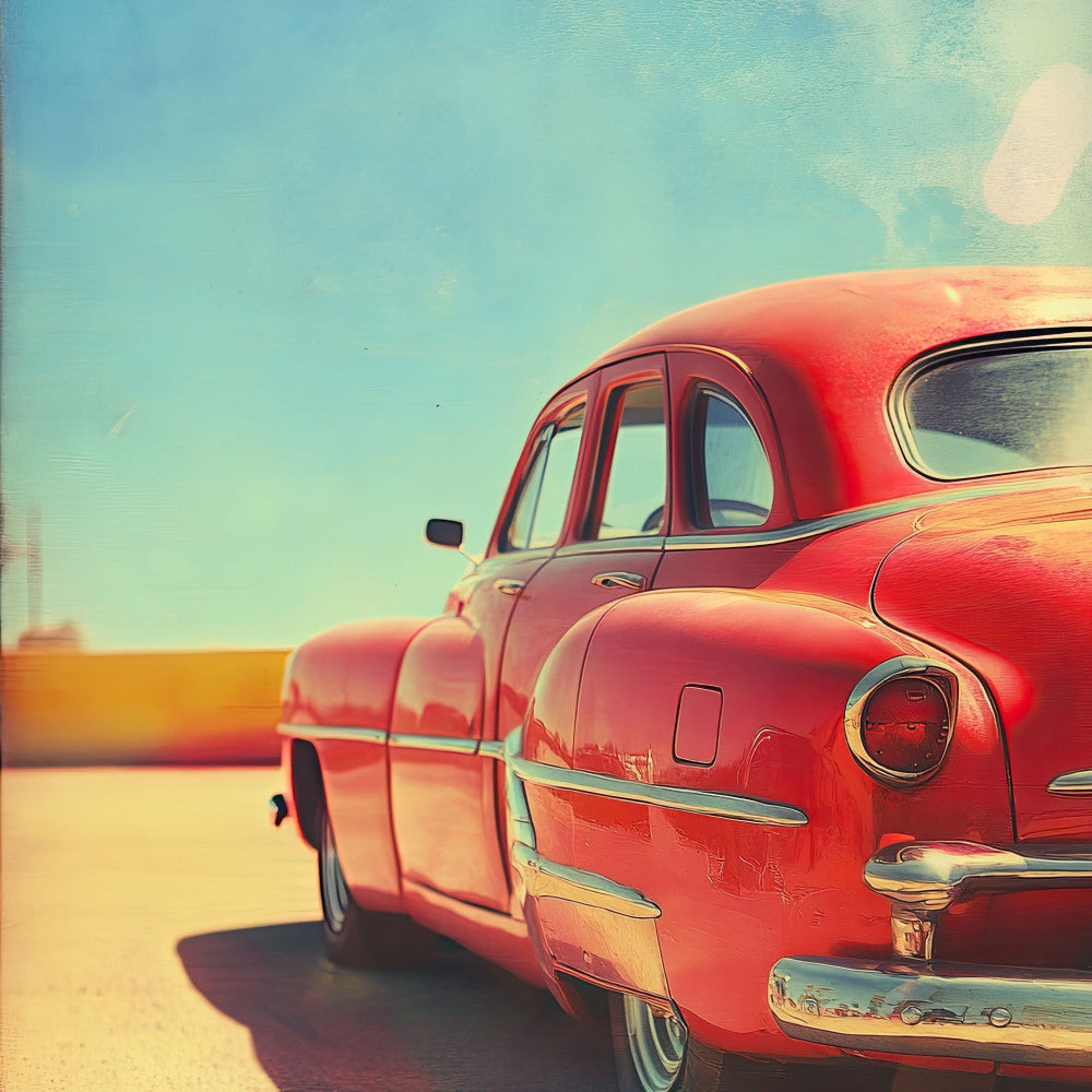 vintage cars, red cars, retro vehicles, classic cars, 1950s cars, turquoise sky, coral red, sunset colors, warm tones, automotive, vintage automotive, nostalgic, retro style, mid-century, americana, desert landscape, sandy tones, chrome details, tail fins, classic chevrolet, vintage americana, road trip, travel themed, summer vibes, warm sunset, golden hour, vintage transportation, collectible cars, old school style