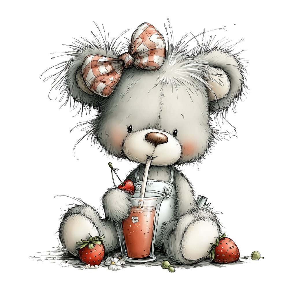 teddy bear, cute animals, whimsical, strawberry, beverage, drinking straw, bow ribbon, soft colors, cream white, warm gray, coral pink, baby, children's, nursery, girl, playful, sweet, adorable, illustration, character, decorative, dessert themed, fruit motif, charming, storybook, vintage style, gift fabric, baby shower, nursey decor