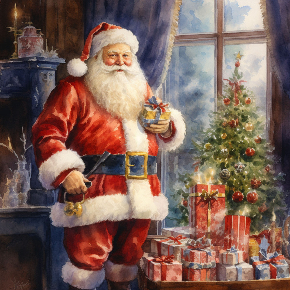 santa claus, christmas tree, red suit, white beard, gift boxes, presents, fireplace, window scene, holiday fabric, quilting panel, watercolor style, festive scene, winter theme, jolly santa, decorated tree, wrapped gifts, christmas ornaments, cozy interior, seasonal panel, cotton fabric