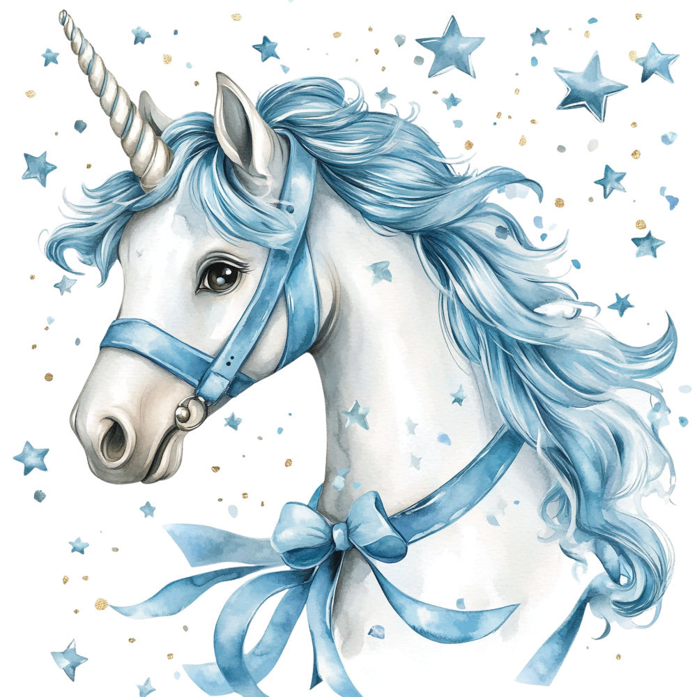 unicorn, blue, white, cream, soft blue, steel blue, gold accents, stars, ribbons, bows, whimsical, magical, fantasy, celestial, dreamy, children's, baby, girls, nursery, sweet, elegant, watercolor, painted, delicate, soft, gentle, sparkle, magical creatures, decorative, panel design