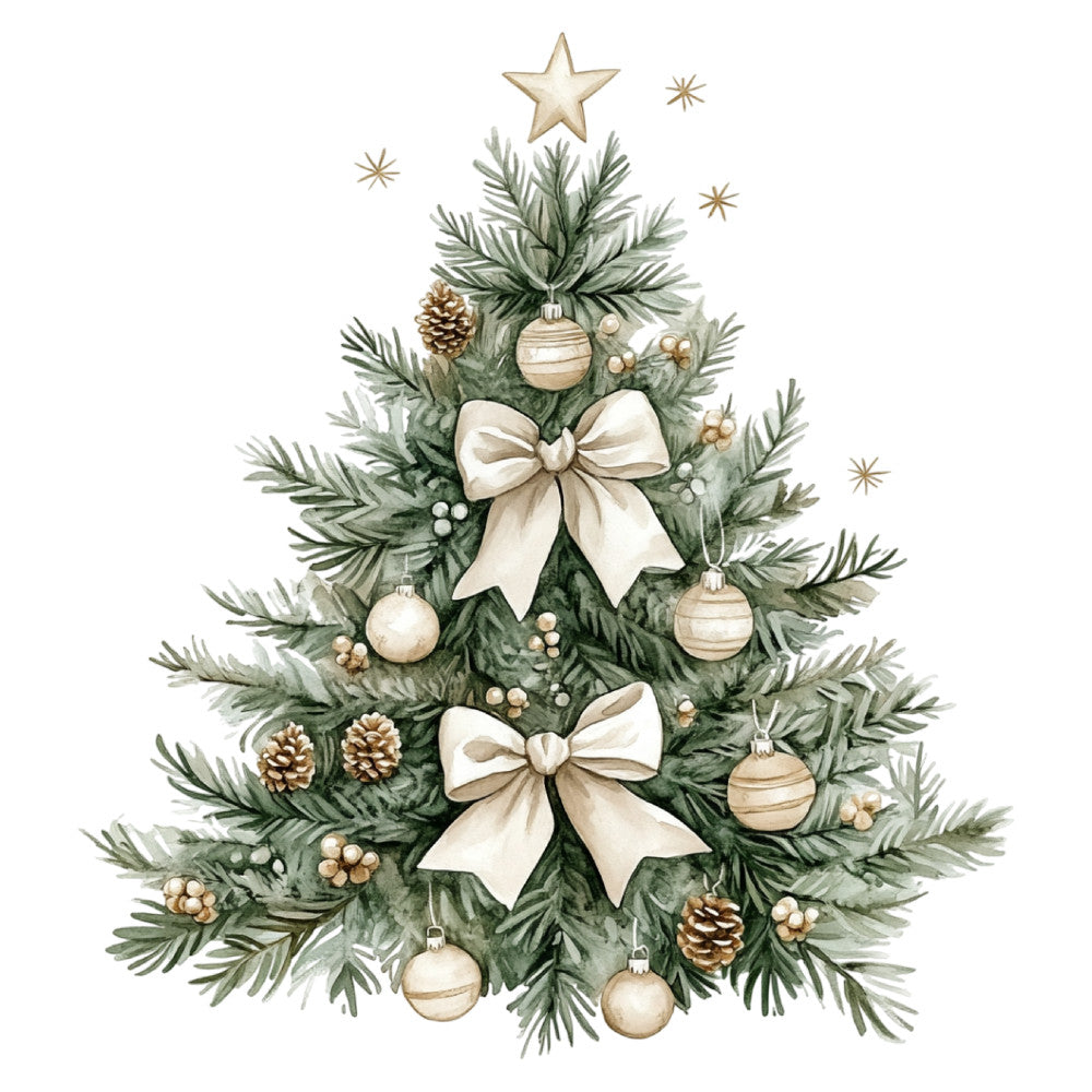 christmas tree, holiday, cream, ivory, beige, tan, sage green, forest green, gold, metallic, ornaments, stars, bows, ribbons, pinecones, berries, evergreen branches, elegant, rustic, traditional, festive, winter, christmas, botanical, nature, vintage, warm, neutral palette, decorative, seasonal