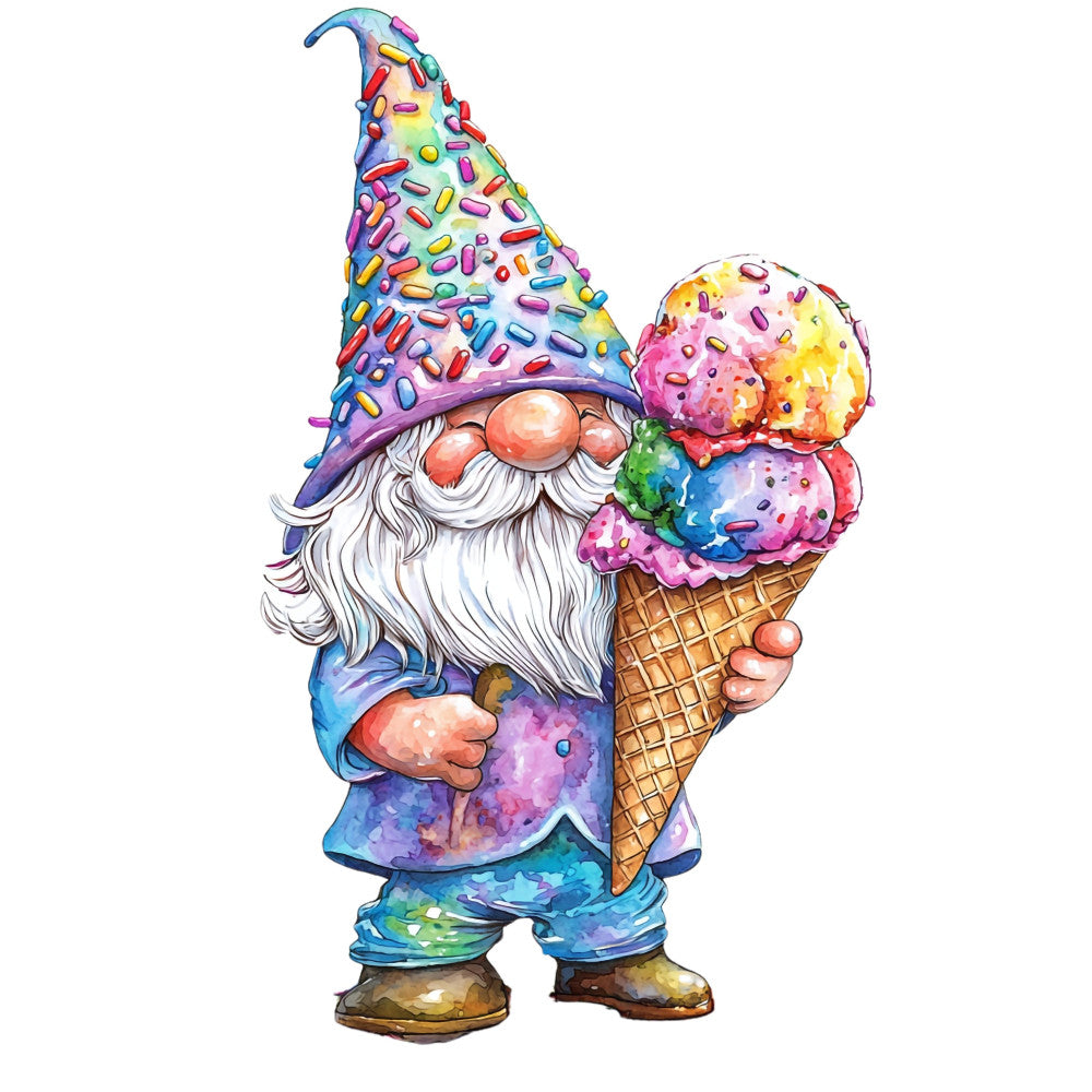 gnome, whimsical, ice cream, rainbow, multicolor, colorful, bright, vibrant, purple, blue, pink, yellow, green, candy, sprinkles, children, playful, fantasy, magical, novelty, character, fun, summer, sweet treat, cone, food theme, girly, feminine, cute, kids collection