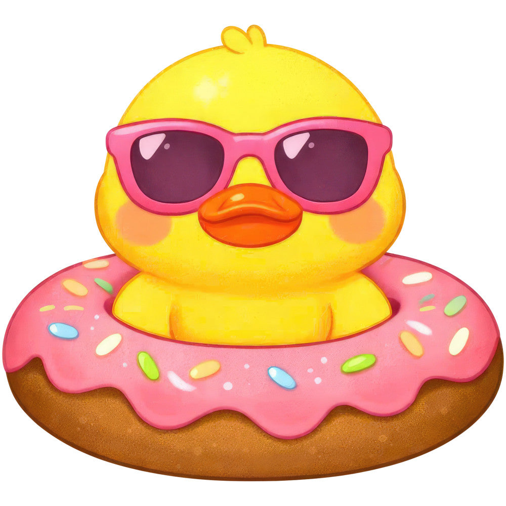 yellow duckling, hot pink, coral orange, bright yellow, cute animals, whimsical, playful, fun, donut, pastry, food themed, sprinkles, colorful, children's, kids, baby, sweet treats, summer, cheerful, quirky, novelty, kawaii, cartoon style, adorable, dessert, baked goods, vibrant colors, cheerful animals, fun prints, playful animals