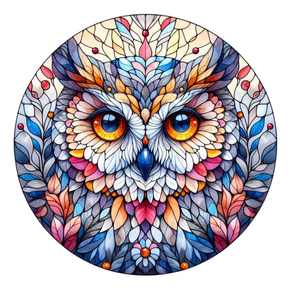 stained glass, owl, mandala, circular design, blue eyes, orange eyes, geometric patterns, purple, pink, blue, white, orange, feathers, symmetrical, decorative, mosaic style, fabric panel, quilting, vibrant colors, ornamental