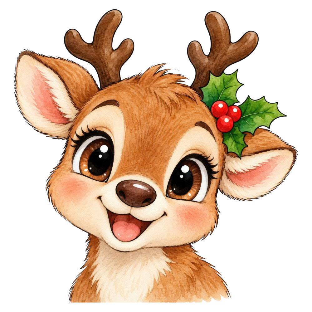 reindeer, christmas, holiday, festive, cute animals, whimsical, deer face, big eyes, holly leaves, red berries, brown, cream, forest green, red, cheerful, playful, nursery, children, baby, winter, seasonal, animal characters, cartoon style, jolly, decorative, wall hanging, craft panel