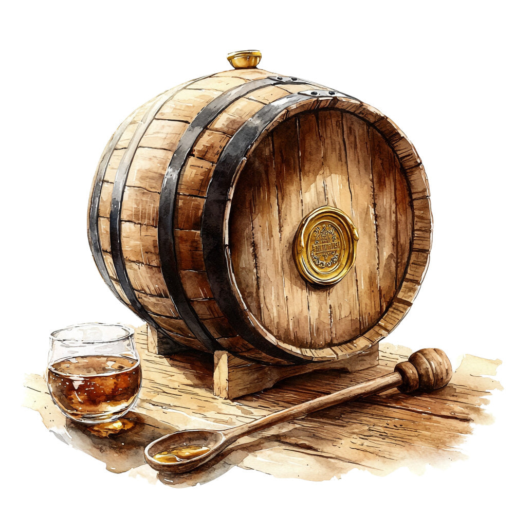 bourbon barrel, whiskey glass, wooden honey dipper, amber liquid, rustic brown, golden yellow, cream beige, watercolor style, distressed wood, metal hoops, fabric panel, quilting cotton, alcohol themed, rustic charm, vintage appeal, masculine design, earthy tones, wooden texture, still life scene, artisan craft