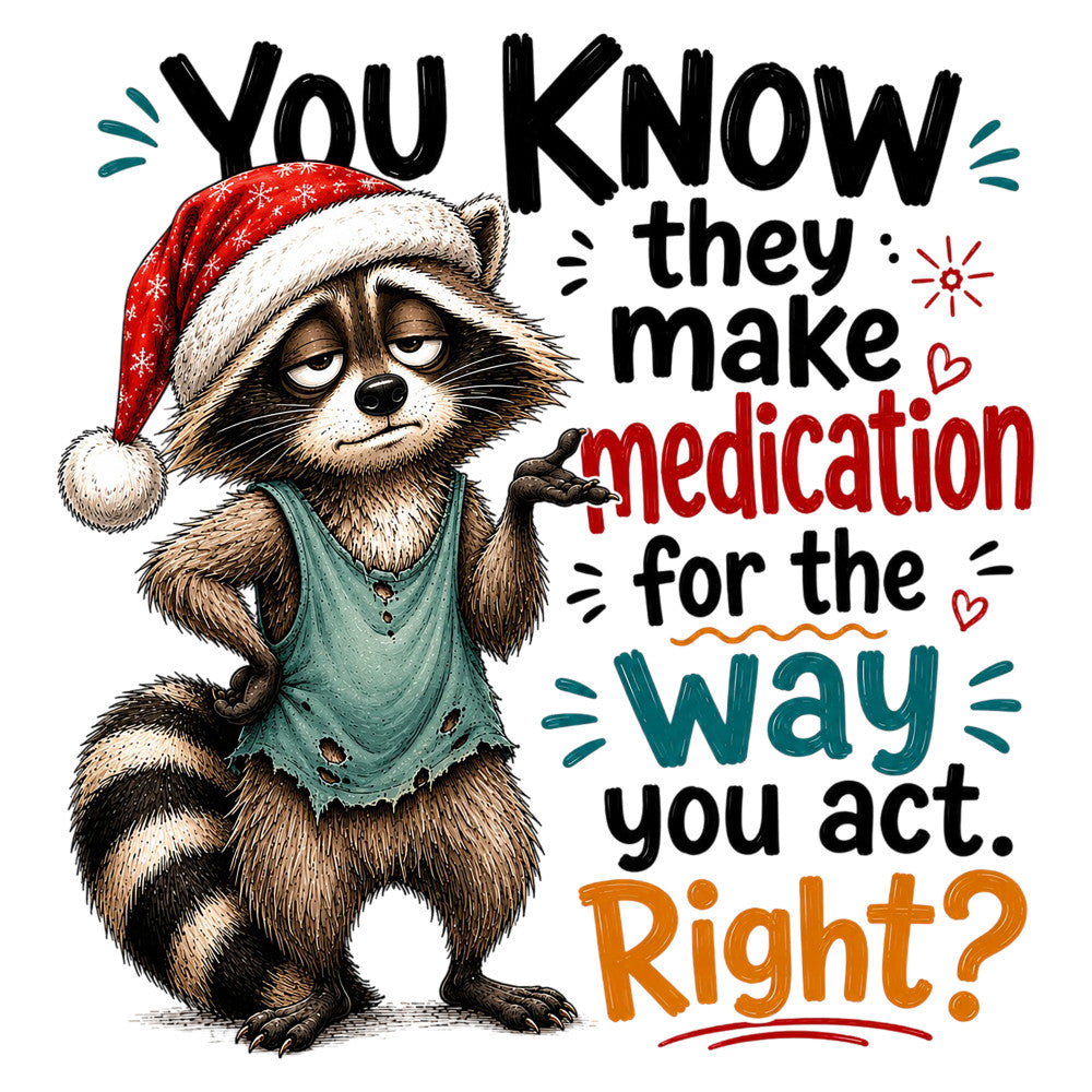 christmas, holiday, raccoon, woodland animals, teal, red, cream, white, tan, brown, whimsical, humorous, quote, text, inspirational, funny animal, festive, santa hat, winter, seasonal, character panel, quirky, playful, heart motifs, sparkle accents, casual style, modern novelty, animal humor, holiday decoration, wall art