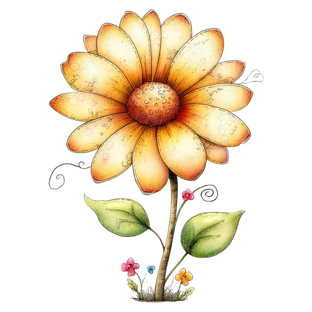 golden yellow, coral orange, cream, sage green, rust orange, floral, daisy, botanical, nature, whimsical, vintage, spring, summer, garden, sunflower-inspired, delicate, hand-painted style, decorative flowers, small florals, accent flowers, folk art, cottage core, country, charming, feminine, cheerful, bright, warm tones, natural elements, botanical illustration