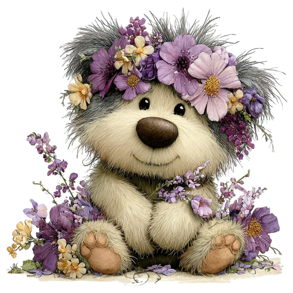 fluffy animal, cute hedgehog, purple flowers, lavender, mauve, dusty purple, cream, ivory, soft colors, floral arrangement, daisy, cosmos, decorative flowers, whimsical, sweet, adorable, springtime, garden theme, nature, botanical, children's fabric, nursery, baby quilt, wall hanging, decorative panel, soft aesthetic, pastel colors, playful character