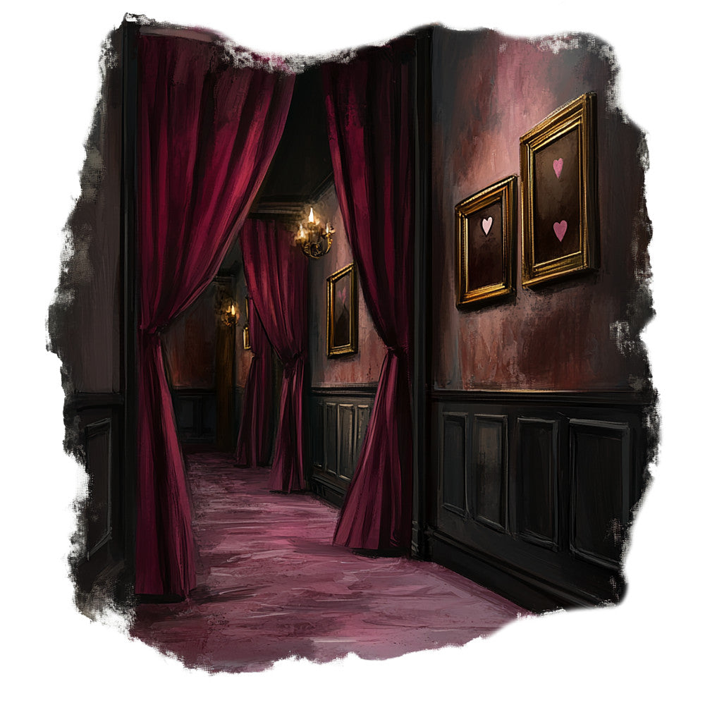 burgundy, maroon, deep red, black, gold frames, victorian interior, romantic scene, heavy curtains, ornate room, gothic atmosphere, dramatic lighting, elegant hallway, rich textures, luxurious fabric, dark romance, moody ambiance, vintage portraits, opulent setting, fabric panel, quilting cotton