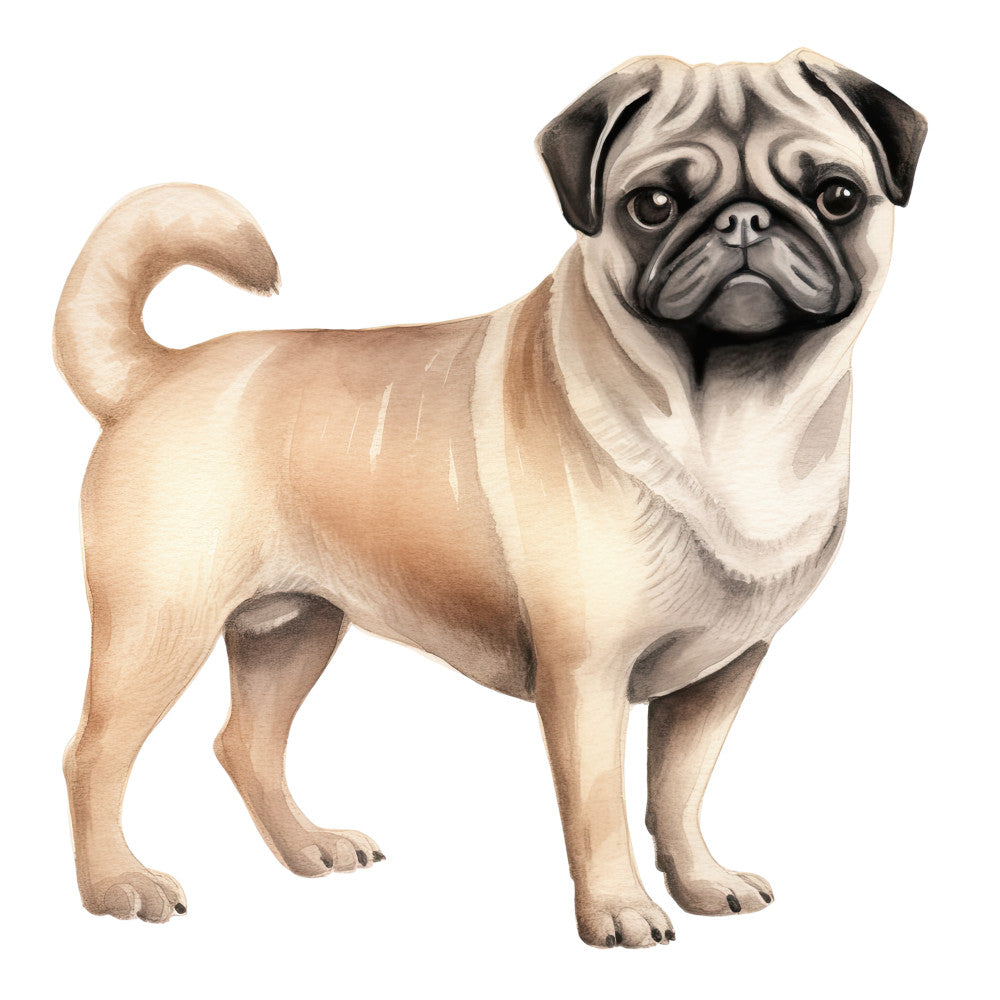 Watercolor Pug Fabric Panel 27 featuring a detailed, premium quality quilting cotton print of a pug dog in soft watercolor tones.
