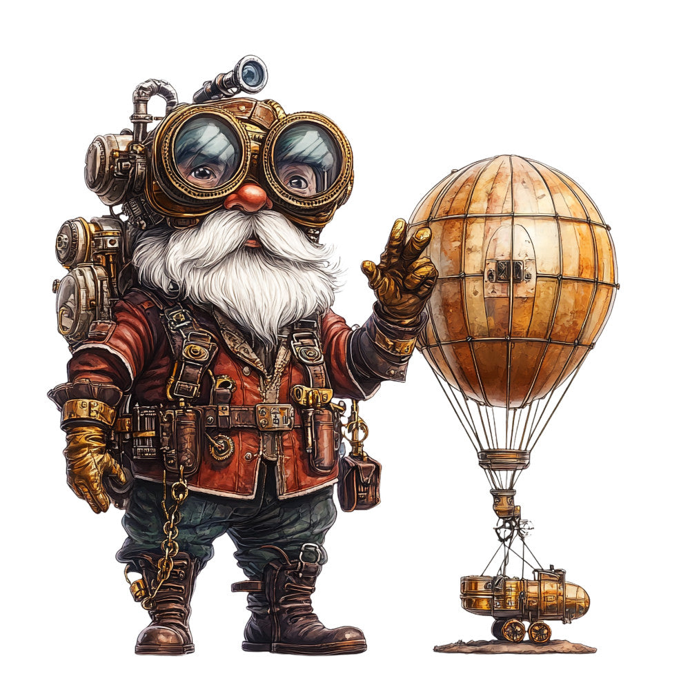 steampunk gnome, hot air balloon, brass goggles, white beard, copper tones, bronze colors, rust red, mechanical details, vintage aviator, fantasy character, fabric panel, quilting cotton, whimsical design, victorian era, gears and gadgets, adventure theme, detailed illustration, warm earth tones, imaginative art, steampunk aesthetic