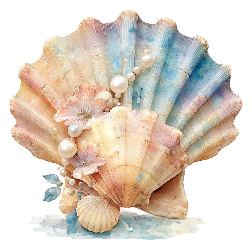 seashell, pearl, coastal, nautical, pastel pink, soft blue, cream, peach, blush, watercolor, floral, flowers, ocean, beach, seaside, elegant, whimsical, spring, summer, delicate, feminine, romantic, iridescent, shell motif, pearls, nature, aquatic, soft colors, dreamy, artistic