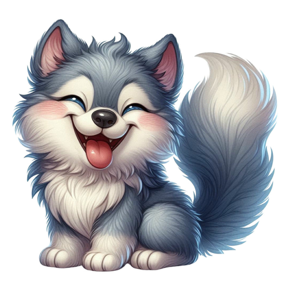 blue and white, slate gray, dusty rose, pink accents, cute animal, husky, wolf, dog, furry creature, whimsical, playful, cheerful, smiling character, friendly face, cartoon style, children's design, kid's quilt, nursery decor, panel design, character fabric, gray and white, fluffy tail, animal portrait, expressive eyes, joyful expression, family friendly, decorative panel, illustration style