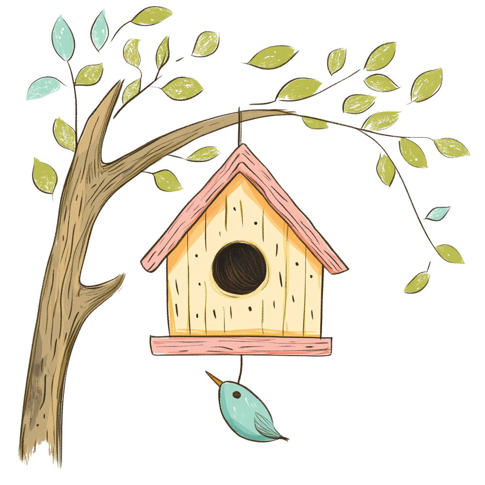 birdhouse, tree branch, spring, nature, birds, leaves, yellow, coral pink, dusty rose, sage green, mint green, woodland, farmhouse, rustic, whimsical, cottage core, bird motif, hanging birdhouse, botanical, garden themed, pastoral, charming, decorative, wall hanging, baby quilt, nature lovers, country style, peaceful, serene, soft colors