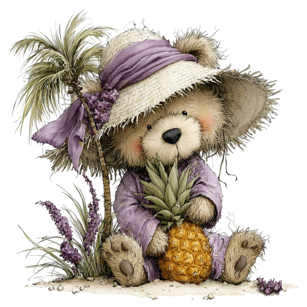 bear, teddy bear, pineapple, tropical, beach, whimsical, cute, adorable, purple, lavender, cream, tan, beige, gold, nature, animals, children, kids, nursery, baby, straw hat, palm fronds, coastal, summer, lighthearted, playful, illustration, botanical, character, decorative